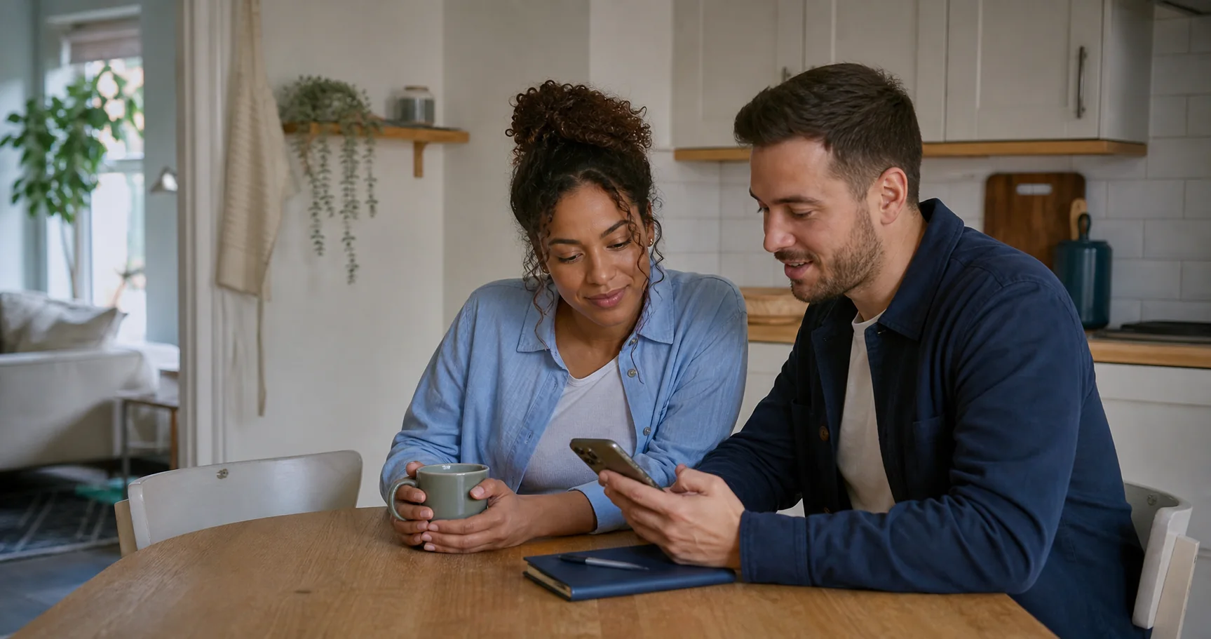A couple calmly reviewing a household expense together on a phone